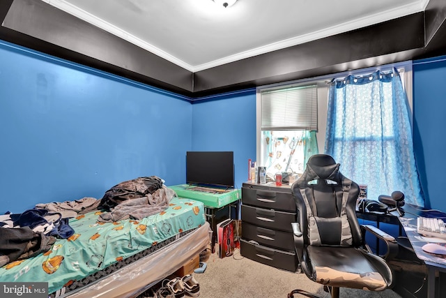 carpeted bedroom featuring ornamental molding