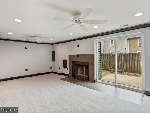 unfurnished living room featuring a ceiling fan, visible vents, carpet floors, recessed lighting, and baseboards