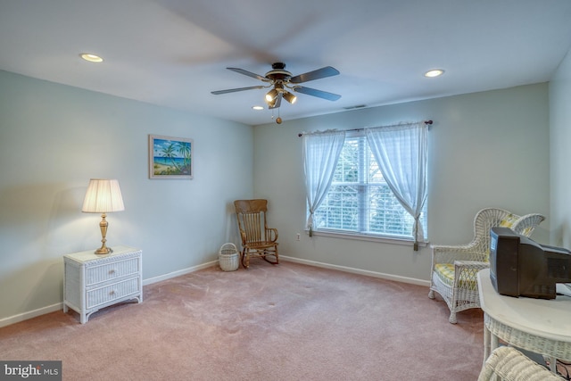 sitting room featuring visible vents, baseboards, ceiling fan, carpet flooring, and recessed lighting