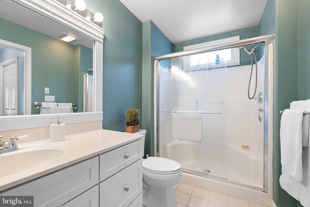 full bath featuring tile patterned floors, toilet, a stall shower, and vanity