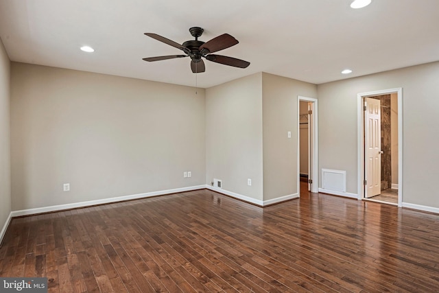 unfurnished room with hardwood / wood-style floors, recessed lighting, baseboards, and ceiling fan