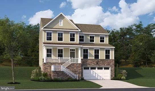 view of front facade with concrete driveway, stairs, covered porch, a garage, and stone siding