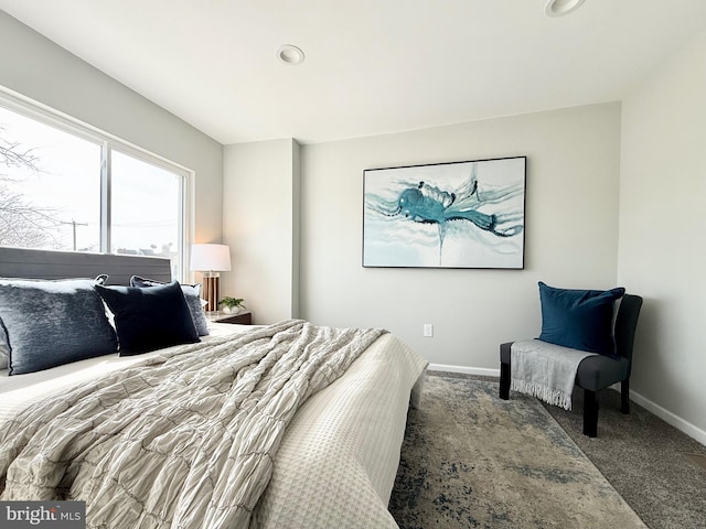 carpeted bedroom with recessed lighting and baseboards