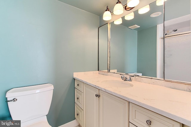 bathroom with visible vents, toilet, and vanity