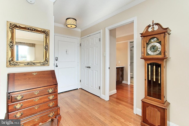 interior space featuring baseboards, light wood-style floors, and crown molding