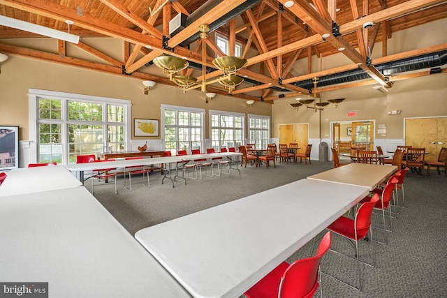 misc room with high vaulted ceiling and carpet