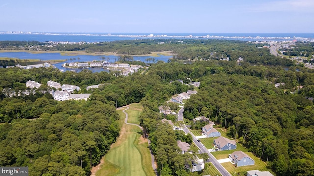 bird's eye view featuring a water view and a wooded view