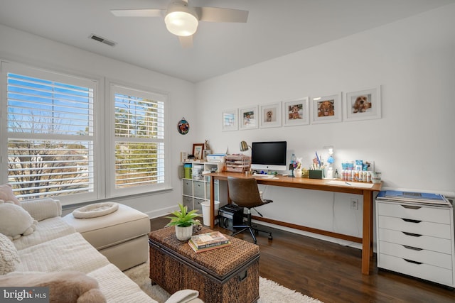 office area featuring visible vents, wood finished floors, baseboards, and ceiling fan