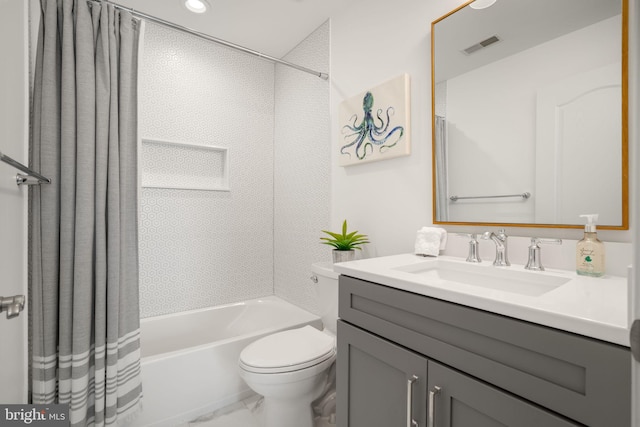 full bathroom with visible vents, toilet, marble finish floor, shower / tub combo with curtain, and vanity