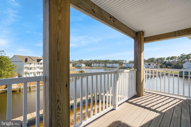 deck featuring a water view