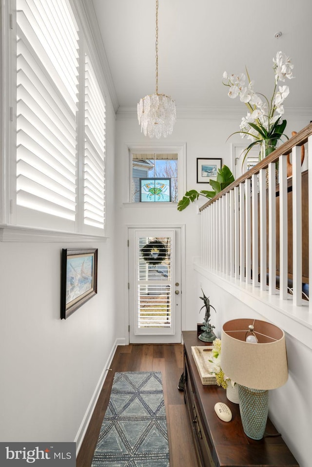 doorway featuring baseboards, dark wood-type flooring, a notable chandelier, and ornamental molding