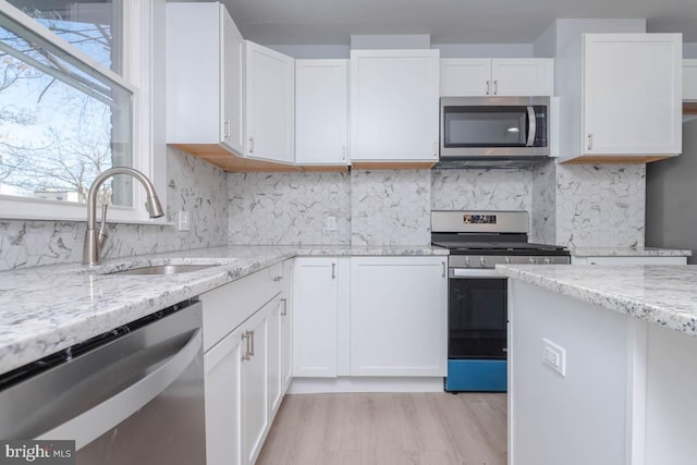 kitchen featuring a sink, stainless steel appliances, and white cabinets