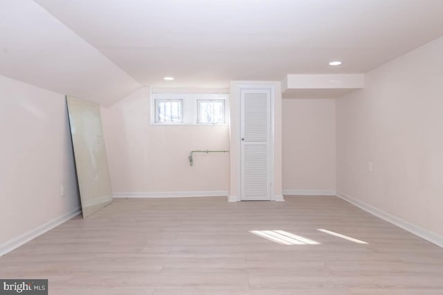 interior space with recessed lighting, baseboards, and light wood-style floors