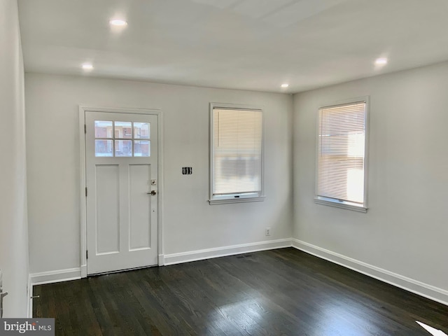 foyer entrance featuring dark wood-style floors, plenty of natural light, and baseboards