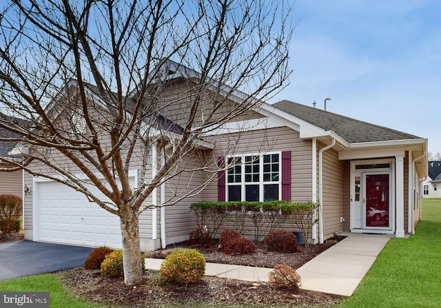 view of front facade featuring a front lawn, driveway, a shingled roof, and a garage