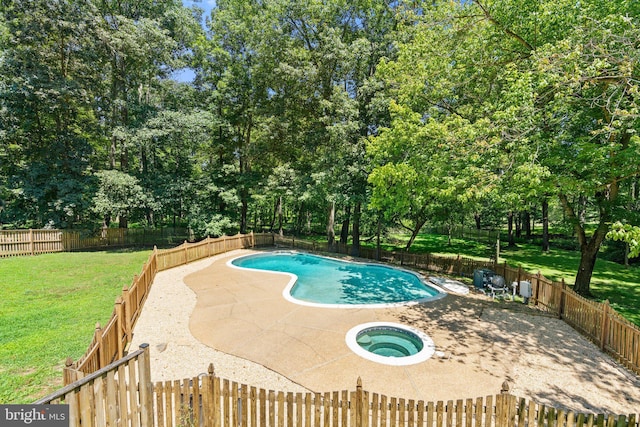 view of swimming pool featuring a lawn, a fenced backyard, a fenced in pool, an in ground hot tub, and a patio area