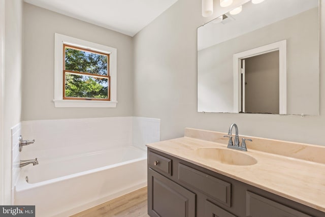 bathroom with vanity, a bath, and wood finished floors