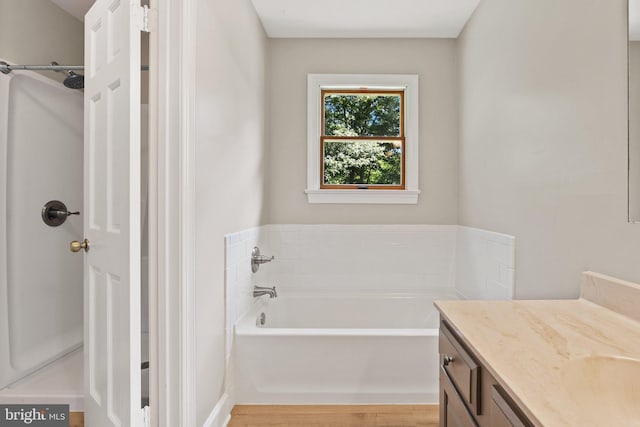 full bathroom featuring a bath, vanity, and wood finished floors