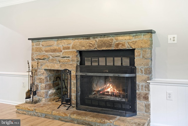 details featuring a wainscoted wall, a warm lit fireplace, and wood finished floors