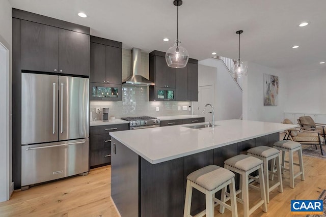 kitchen with a sink, decorative backsplash, stainless steel appliances, wall chimney exhaust hood, and light wood-type flooring