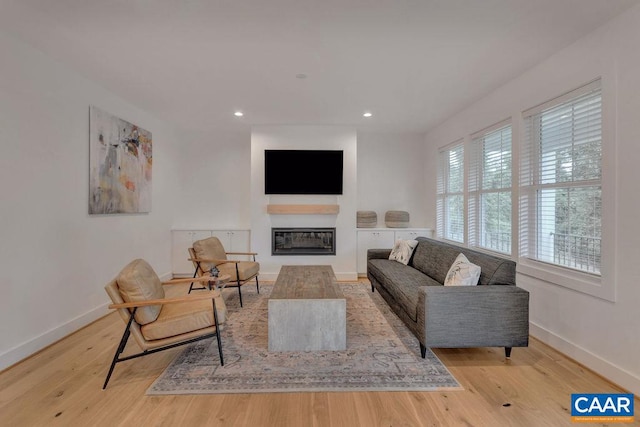 living area featuring a glass covered fireplace, recessed lighting, wood finished floors, and baseboards