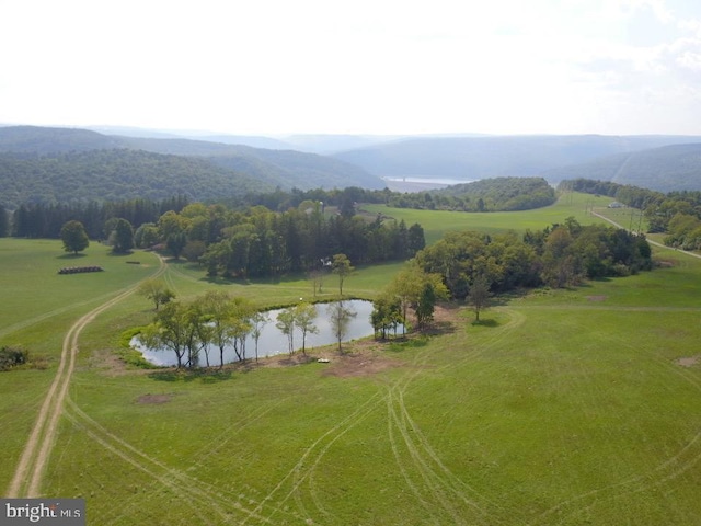 birds eye view of property featuring a water and mountain view and a rural view