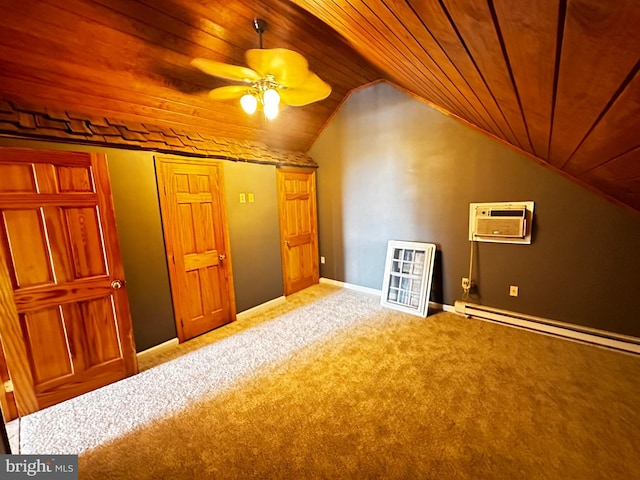 bonus room with an AC wall unit, vaulted ceiling, carpet flooring, wooden ceiling, and a baseboard radiator