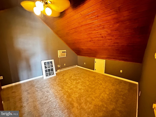 bonus room with lofted ceiling, a wall unit AC, baseboard heating, carpet flooring, and a ceiling fan