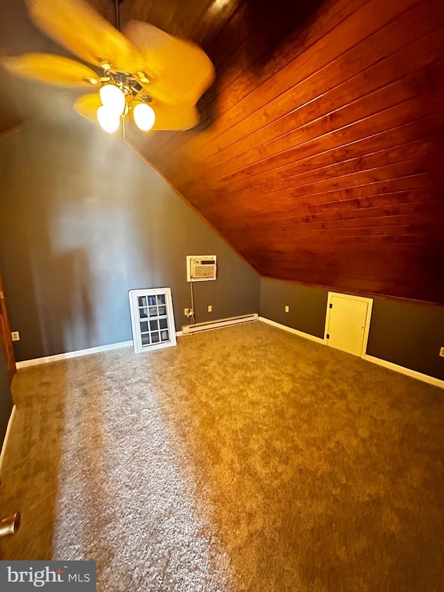 bonus room with wood ceiling, vaulted ceiling, a wall mounted AC, a ceiling fan, and a baseboard radiator