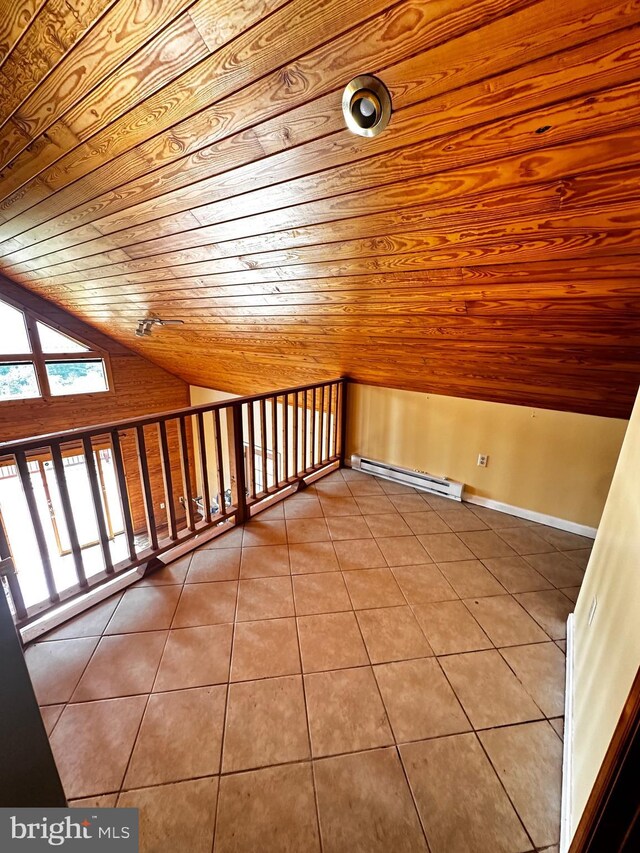 additional living space with a baseboard radiator, wood ceiling, vaulted ceiling, and tile patterned flooring