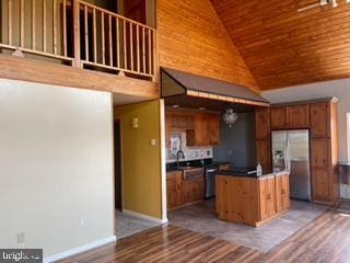 kitchen featuring wood finished floors, high vaulted ceiling, stainless steel fridge with ice dispenser, wooden ceiling, and brown cabinets