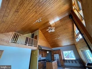 unfurnished living room with wood ceiling and high vaulted ceiling