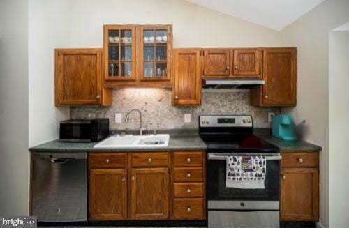 2036 Coast Guard Dr, Stafford, VA 22554 - kitchen featuring stainless steel appliances, under cabinet range hood, a sink, vaulted ceiling, and backsplash