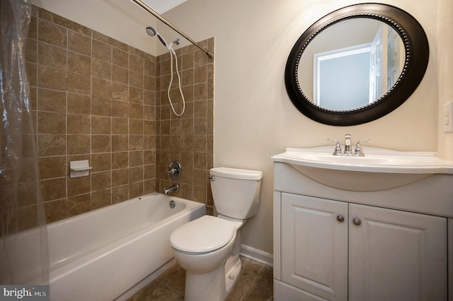 2036 Coast Guard Dr, Stafford, VA 22554 - bathroom with shower / bathtub combination with curtain, vanity, toilet, baseboards, and tile patterned floors