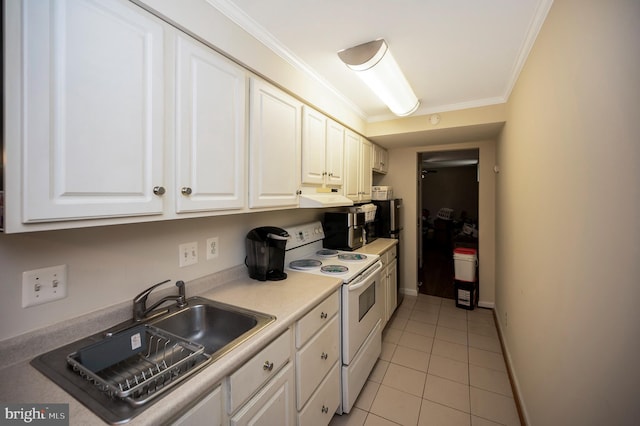 2036 Coast Guard Dr, Stafford, VA 22554 - kitchen featuring white range with electric cooktop, light tile patterned floors, a sink, under cabinet range hood, and white cabinets