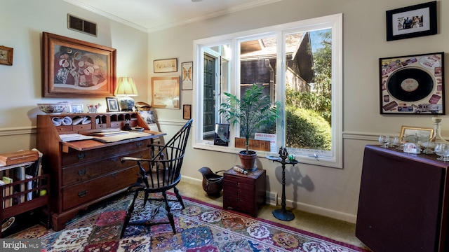 office with crown molding, carpet, visible vents, and a wealth of natural light