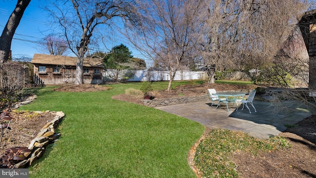 view of yard with an outbuilding, a fenced backyard, and a patio