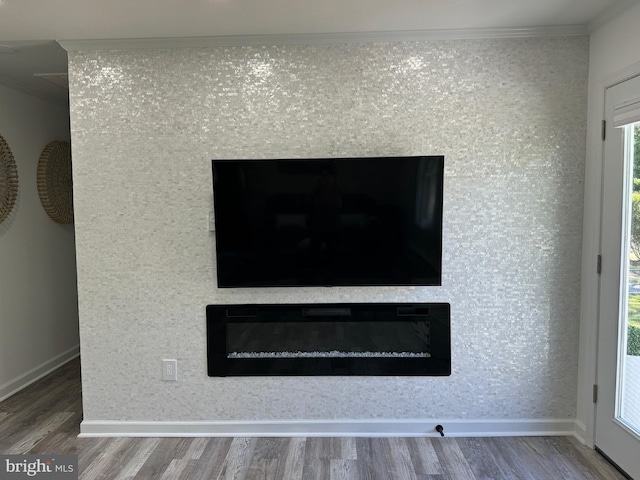 details with a glass covered fireplace, crown molding, baseboards, and wood finished floors