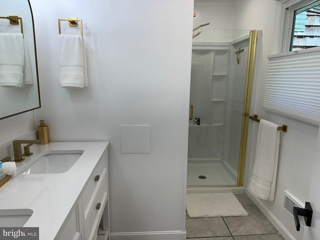 bathroom featuring tile patterned floors, visible vents, a shower stall, and vanity