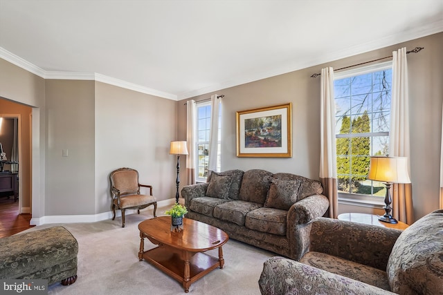 carpeted living area featuring plenty of natural light, baseboards, and ornamental molding