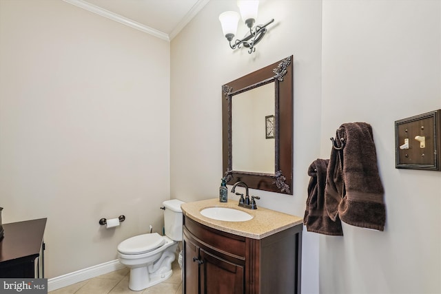 bathroom featuring tile patterned flooring, baseboards, toilet, ornamental molding, and vanity