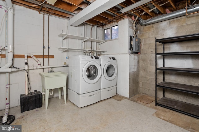 washroom with electric panel, laundry area, and washing machine and clothes dryer