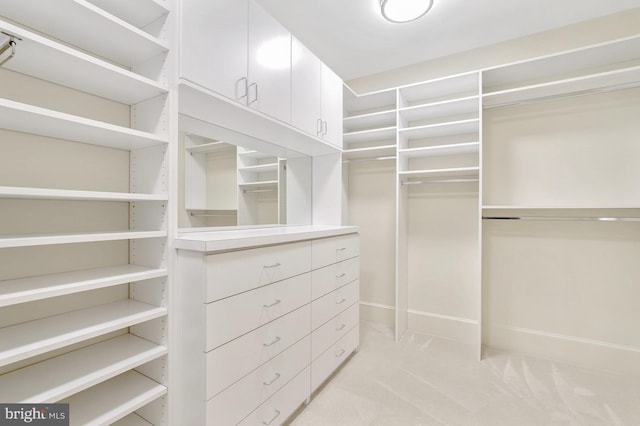 spacious closet featuring light colored carpet