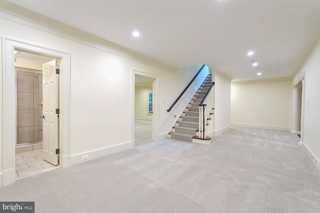 basement with recessed lighting, stairway, carpet floors, crown molding, and baseboards