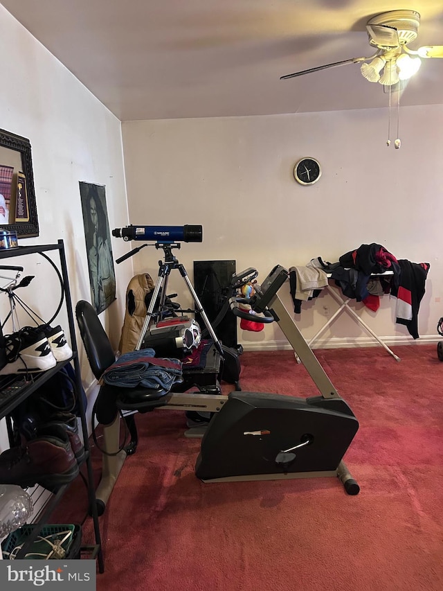 workout area featuring carpet and a ceiling fan