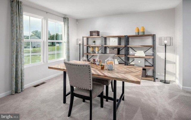 office space featuring visible vents, baseboards, and carpet flooring