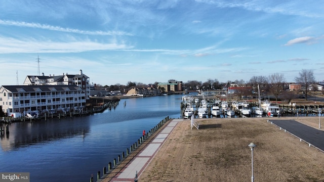 view of dock with a water view