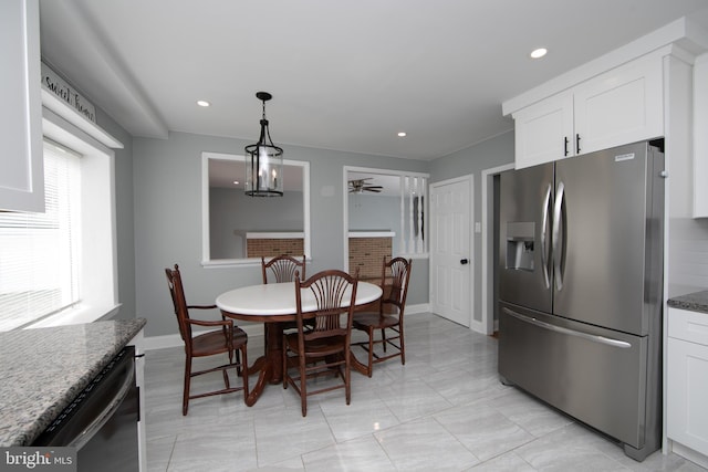 dining area featuring recessed lighting, baseboards, and ceiling fan