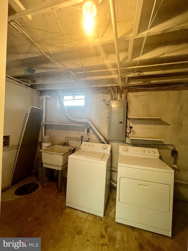 laundry room with electric panel, a sink, laundry area, and separate washer and dryer