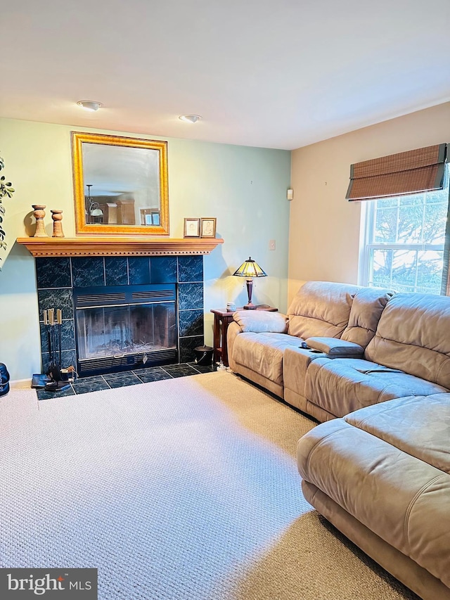 living room with a fireplace and carpet